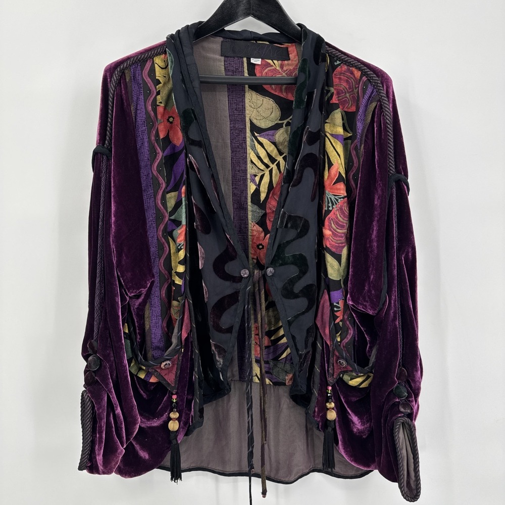 Lorraine Burnout Velvet Art to Wear Boho Whimsy Purple Jacket Mixed Media OS